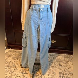 Light Blue Denim, Women's Cargo Jeans, Draw close or wide leg option, wide leg.